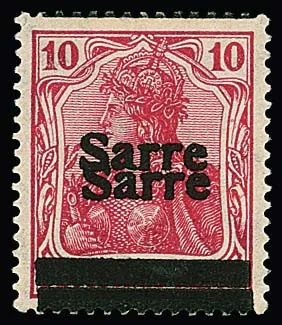 10 Pfg. carmine red with double "Sarre" overprint, flawless unused, signed Dub and certificate Haslau (2025). Mi. 900,-