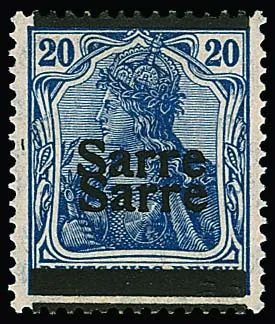20 Pfg. "Sarre", variété "double surcharge", impeccable non oblitéré. Signé Dub et certificat Haslau (2025). Mi. 750,-