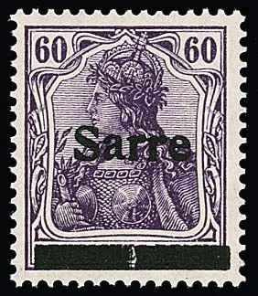 60 Pfg. red-violet, "Sarre" overprint type I with error "A" (bar split in the middle) flawless mint never hinged. Signed Dub and certificate copy Haslau (2025 for block of four split by us). Mi. 1300,-
