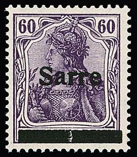 60 Pfg. roodviolet, opdruk "Sarre" type I met fout "A" (balk in het midden gedeeld) puntgaaf postfris. Gesigneerd Dub en certificaatkopie Haslau (2025 voor door ons verdeeld blok van vier). Mi. 1300,-