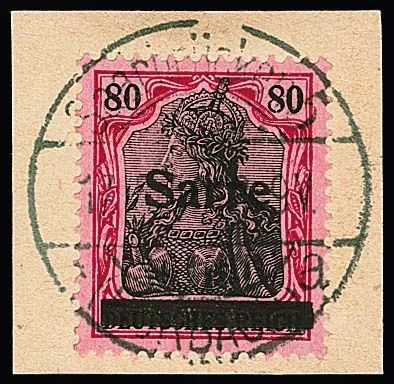 80 Pfg. Germania-Sarre, type I, on flawless letter piece, signed Dub and photo expertise Bernhard. Mi. 360,-