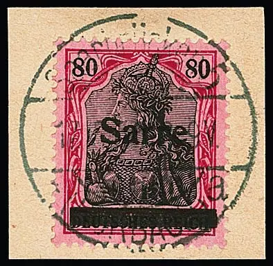 80 Pfg. Germania-Sarre, type I, op puntgaaf briefstuk, gesigneerd Dub en foto-expertise Bernhard. Mi. 360,-