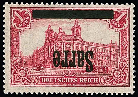 1 Mk. with inverted "Sarre" overprint type I unused. Signed Dub and certificate Haslau (2025): "The quality is flawless". Mi. 900,-