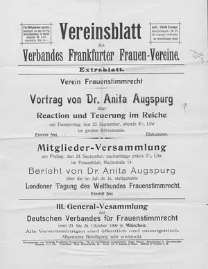 Vereinsblatt des Verbandes Frankfurter Frauen-Vereine und Augspurg, Anita – Extrablatt. Verein Frauenstimmrecht. Vortrag von Dr. Anita Augspurg