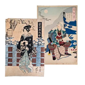 Yoshitoshi, Tsukioka und Eisen, Keisai – 2 Ukiyo-e Farbholzschnitte