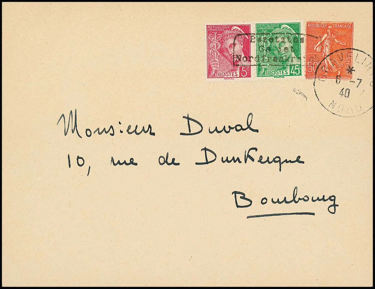 Dunkerque, 5 C. carmin et 45 C. vert, Mercure, surcharge manuelle type I sur timbres-poste, sur entier 50 C. orange, de Gravelines, 6.7.1940, pour Bourbourg.