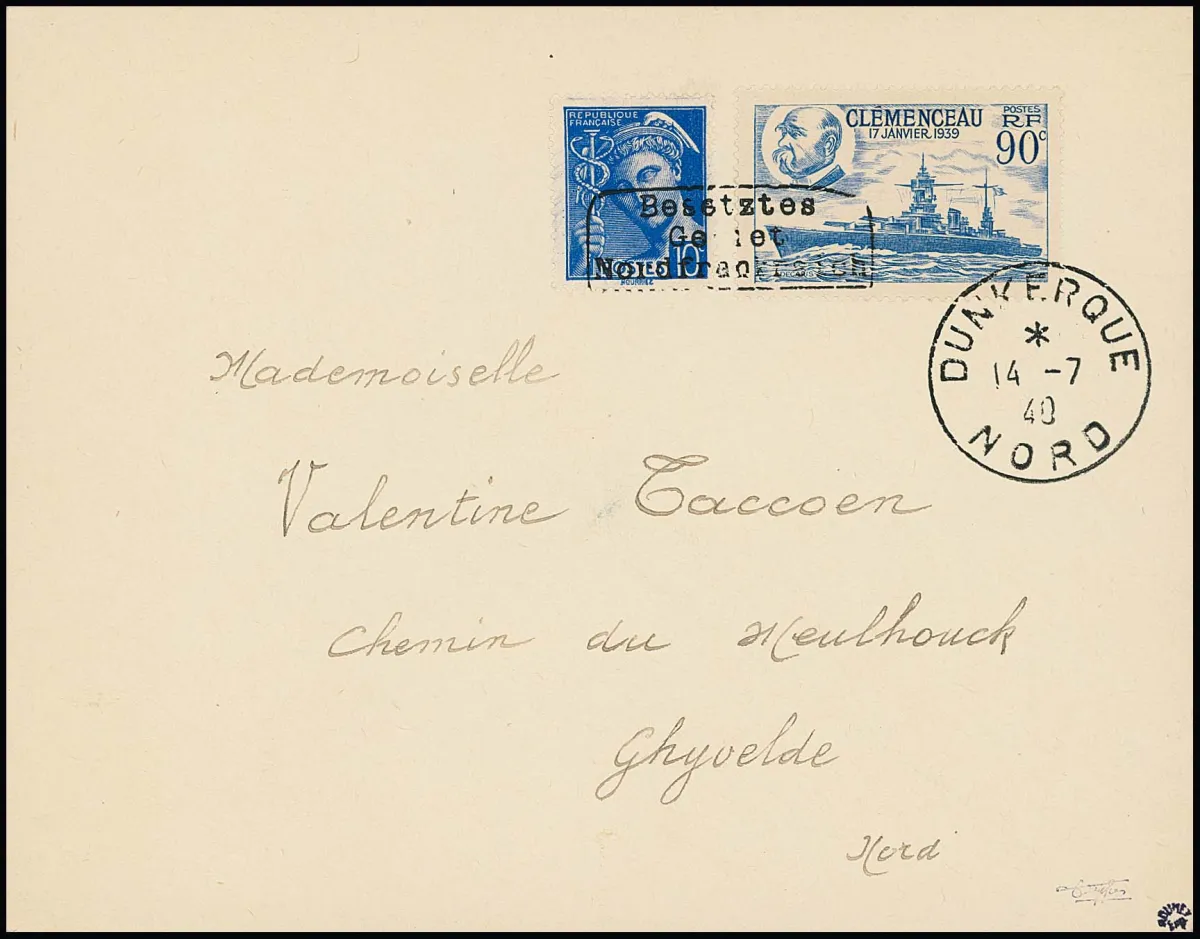 Dunkerque 10 C. Mercure et 90 C. "Cuirassé Clemenceau", surcharge manuelle Type I sur timbres-poste encore en possession du public, sur lettre…