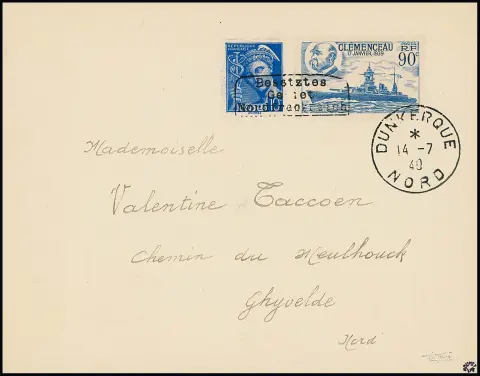 Duinkerken 10 C. Mercurius en 90 C. "Slagschip Clemenceau", handstempelafdruk Type I op postzegels die nog in bezit van het publiek zijn, op…