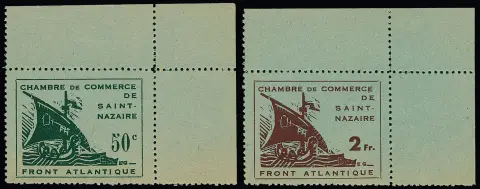 St. Nazaire, Kamer van Koophandel 1945, onberispelijke serie van de 2e oplage uniform als uitgegeven ongebruikte rechterbovenhoekbladen, attest Pieles. Mi. 600,- +