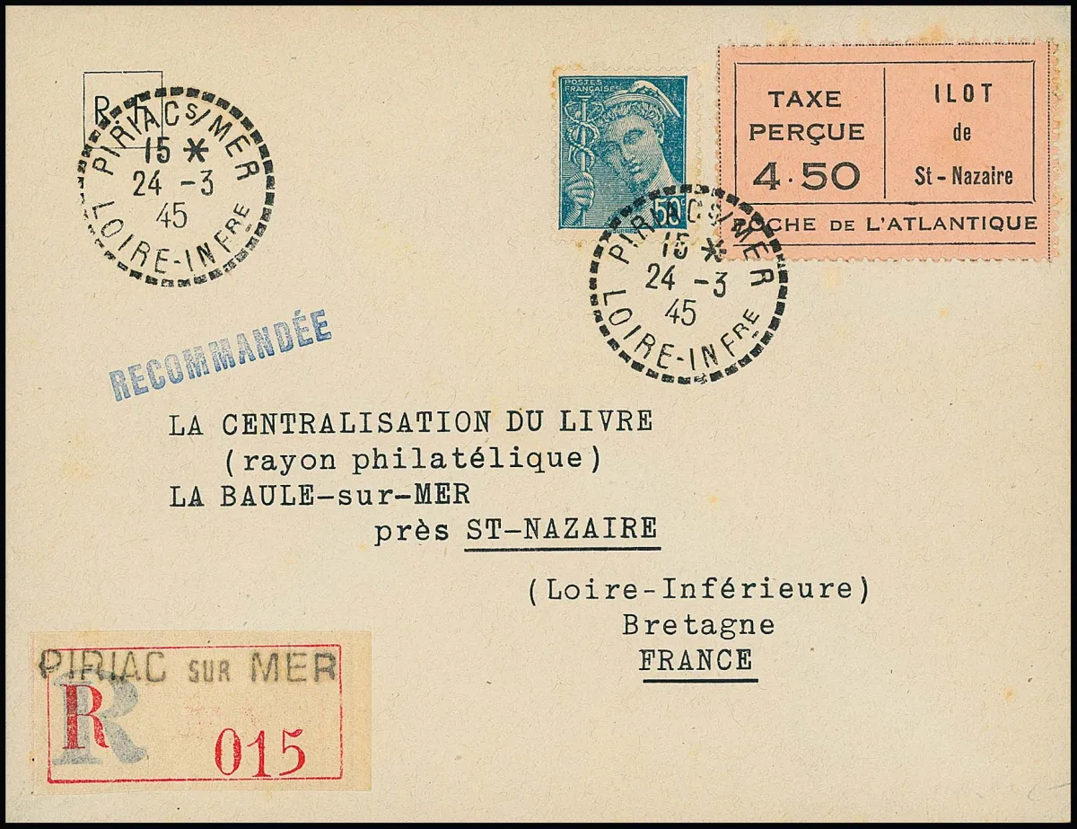 St. Nazaire, timbre recommandé 4,50 Fr. noir/rose, avec 50 C., sur lettre recommandée de Piriac Sur Mer, 24.3.45, Mi. 500,-