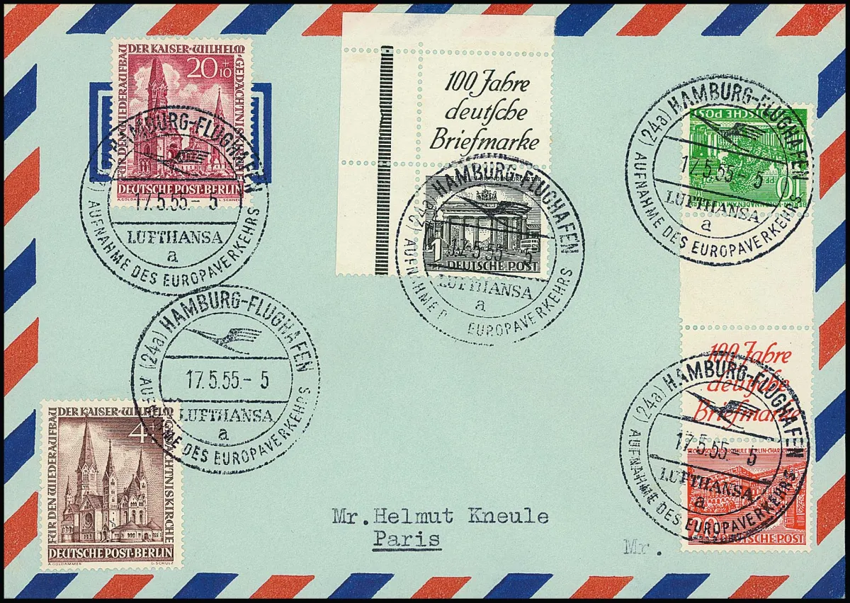10 et 20 Pfg. Bâtiments, impression tête-bêche verticale avec pont et accolée "100 ans du timbre allemand", avec entre autres 4 et 20 Pfg. Église du Souvenir, sur lettre Lupo 1955 affranchie pour Paris avec cachet d'arrivée. Mi. plus de 1080,-