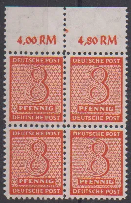 Freimarken mit Versuchszähnung in postfrischen Oberrand-Viererblöcken inkl. Nr. 120I und 122IV, Mi. 400,-