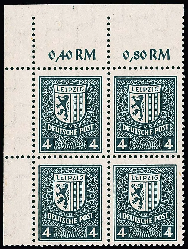 Leipzig Fair, good falling watermark, in mint never hinged blocks of four uniformly from the upper left sheet corner, 6 pf. with special feature...