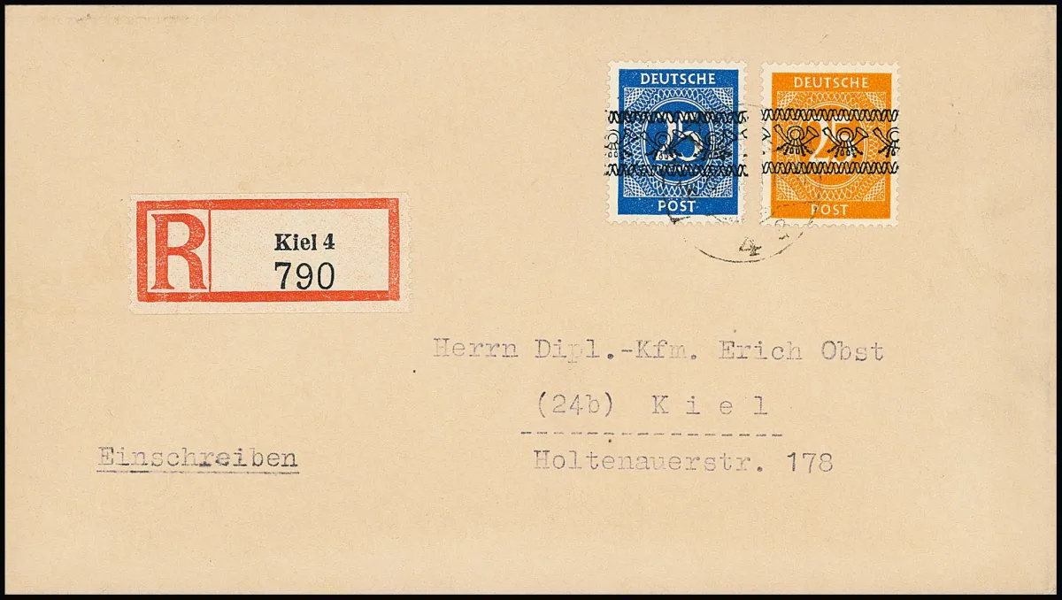 25 Pfg. blau, Aufdruckfälschung zum Schaden der Post, nebst echter Marke 25 Pfg. gelborange, auf tarifmäßig frankiertem Einschreibe-Ortsbrief von Kiel,…