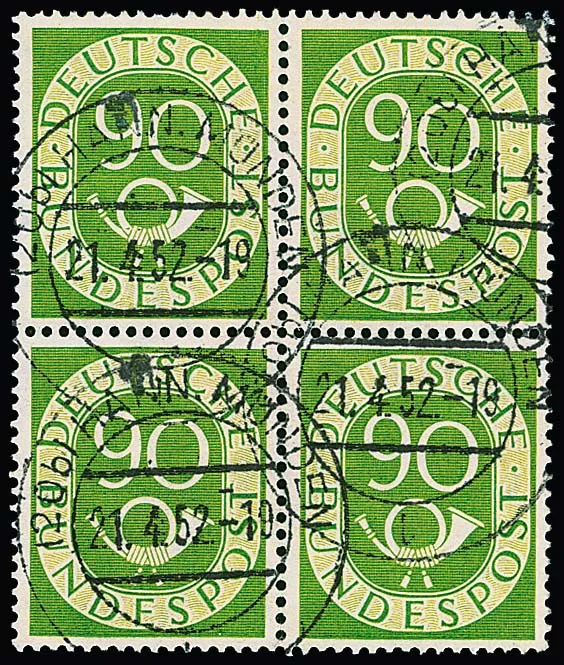 90 Pfg. Posthorn, gestempeld blok van vier, Mi. 800,- +