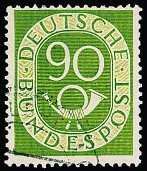 90 Pfg. Posthorn, variété "trait diagonal à travers la corde du cor postal" oblitéré, Mi. 900,-