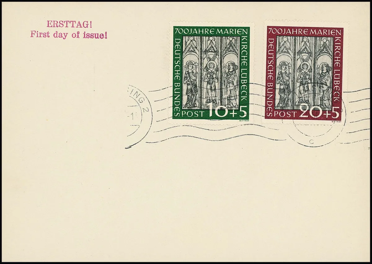 Marienkirche, tadelloser Ersttagsbrief mit klarem Rollstempel "Freilassing 30/8 51", selten. Mi. 1800,-