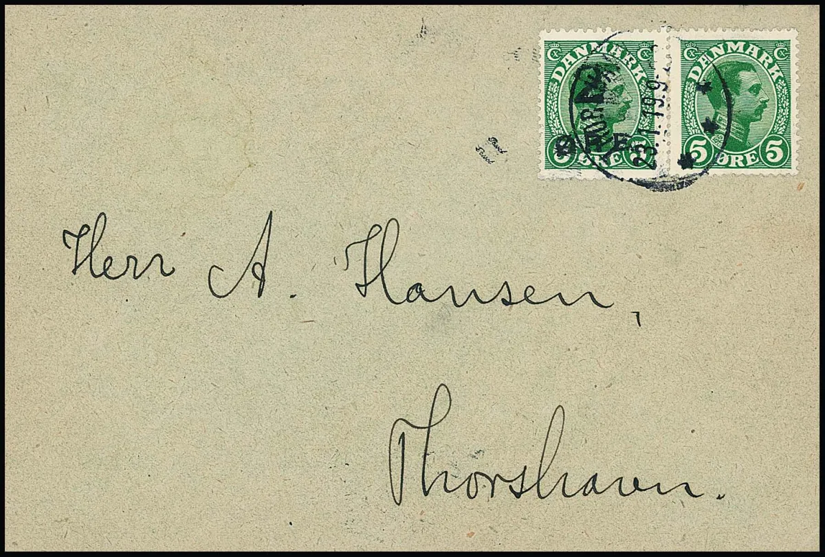 Faroe Islands, provisional issue 2 Ö. on 5 Ö. with Denmark 5 Ö. (No. 67), on local cover from Thorshavn. Mi. 650,-