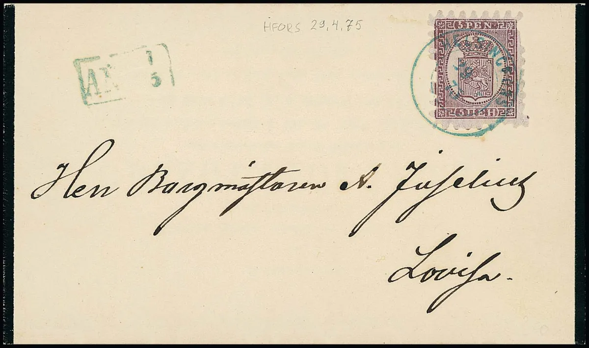 5 P. brun-violet sur papier fin rayé, perforation B dans un état typique pour le papier fin et difficile avec les défauts de languette habituels, sur imprimé propre avec K2 bleu "Helsingfors" 1875, Photoexp. Schwenson. Mi. "-.-"