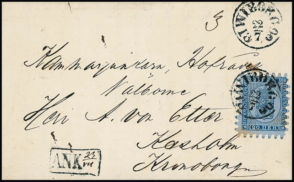 20 P. blue/bluish, perforation B, mostly complete, only a few teeth shortened, on originally preserved small cover with K1 "Wiborg" 1866 to Kexholm, photo exp. Schwenson