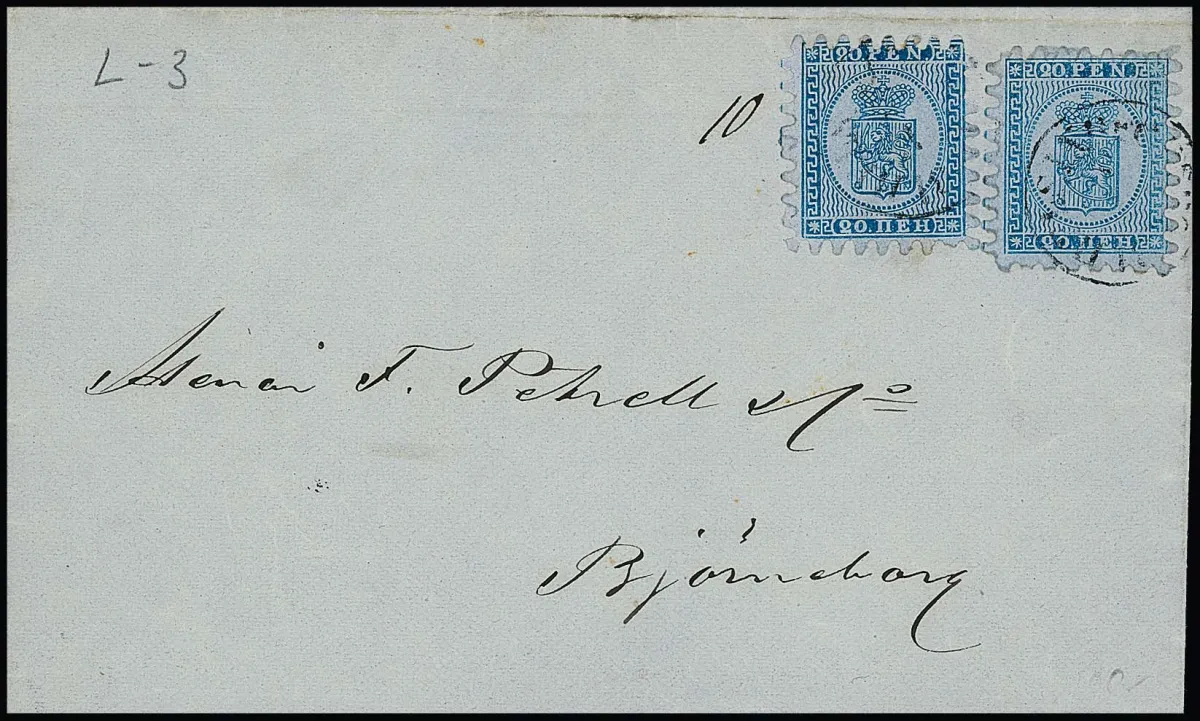 20 P. blue/grey-blue, perforation B in good condition (only a few teeth shortened) in pair on cover with largely printed content from Helsingfors 1866
