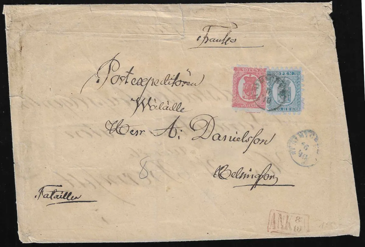 20 P. blau/bläulich und 40 P. rosakarmin/lilagraublau, Durchstich B in üblicher Erhaltung, auf doppelt verwendetem Brief (entsprechende Gebrauchsmgl.) mit…