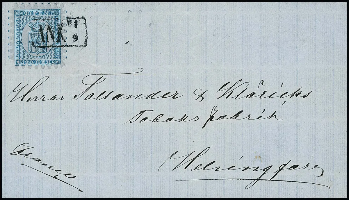 20 P. blau/bläulich, Durchstich C in sehr gutem Zustand (nur eine Ecke min. "rund") auf sauberem Brief aus Tavastenus 1870 mit Entwertung durch Ra1 "ANK",…