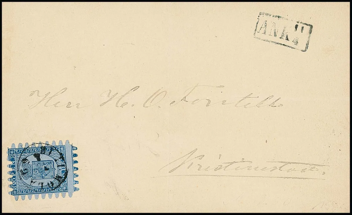 20 P. modrá/modravá, perforace C ve velmi dobrém stavu, na gef. dopise s malým K1 "Timola" 1869 do Kristianstad