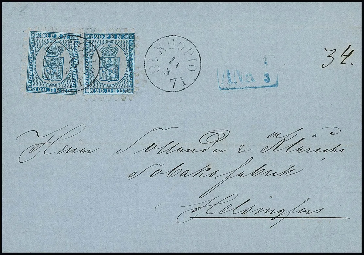 20 P. blue on grey-blue, perforation C in partly excellent condition (left stamp, right only half tongue shortened), as pair on folded letter with K1 "Kuopio" 1871, photo exp. Schwenson