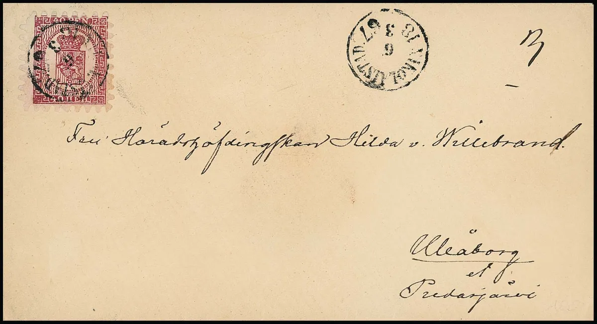 40 P. rosakarmin auf hellrosa Papier, Durchstich B in weitgehend gutem Zustand (nur links oben "eckrund"), auf Couvert 1867 mit K1 "Nikolaistad", Fotoexp.…