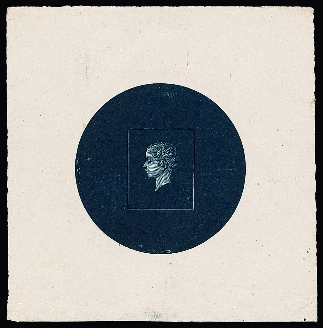 1869, single essay in dark blue, only head motif, without denomination, for a planned stamp series, slight dirt traces due to archiving