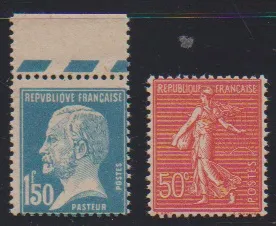 50 C. Zaaister en 1,50 Fr. Pasteur, zogenaamde "Marseille-vervalsingen" ten nadele van de post, postfris, niet vermeld in Michel, certificaat Pieles