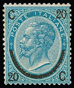 20 C. on 15 C. matte blue, overprint on stamp of the 3rd issue ("12 points") unused, certificates Bolaffi, Diena. Mi. 700,-