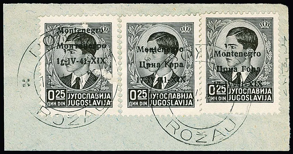 Italská okupace Černé Hory za 2. světové války, 0,25 Din., čtyři zkoušky na dvou částech dopisu, příležitostné razítko "Rozaj", podpis Raybaudi