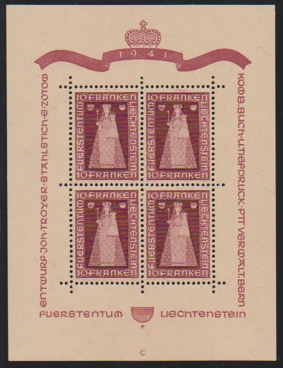 10 Fr. Madonna im postfrischen Kleinbogen, Mi. 500,-