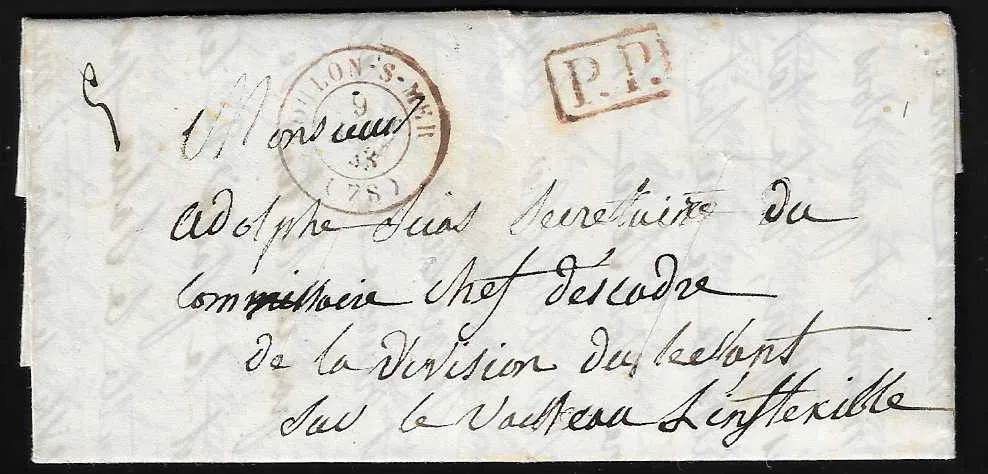 1843, mały list z Lewantu z rewersem K2 "Smyrne Turquie" i przez Maltę z pieczęcią dezynfekcyjną K2 "Purifié au Lazaret Malte" do Francji
