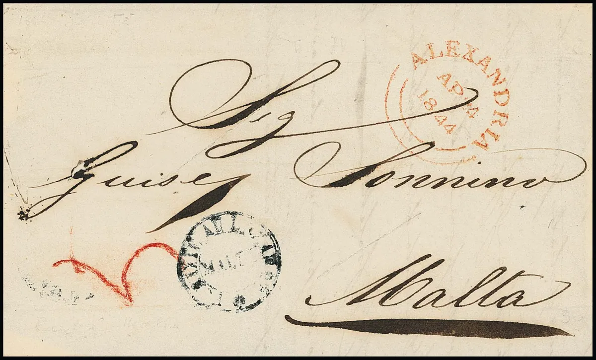 1844, brief uit Alexandrië (rode K2), Egypte, met desinfectie-K2 "Purifié au Lazaret Malte" naar Malta