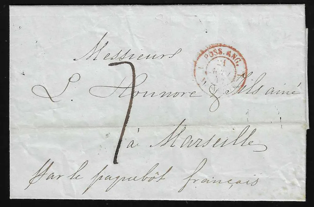1844, Brief von Malta (rs. K2) nach Marseille, hs. "par le Paquebot francais"