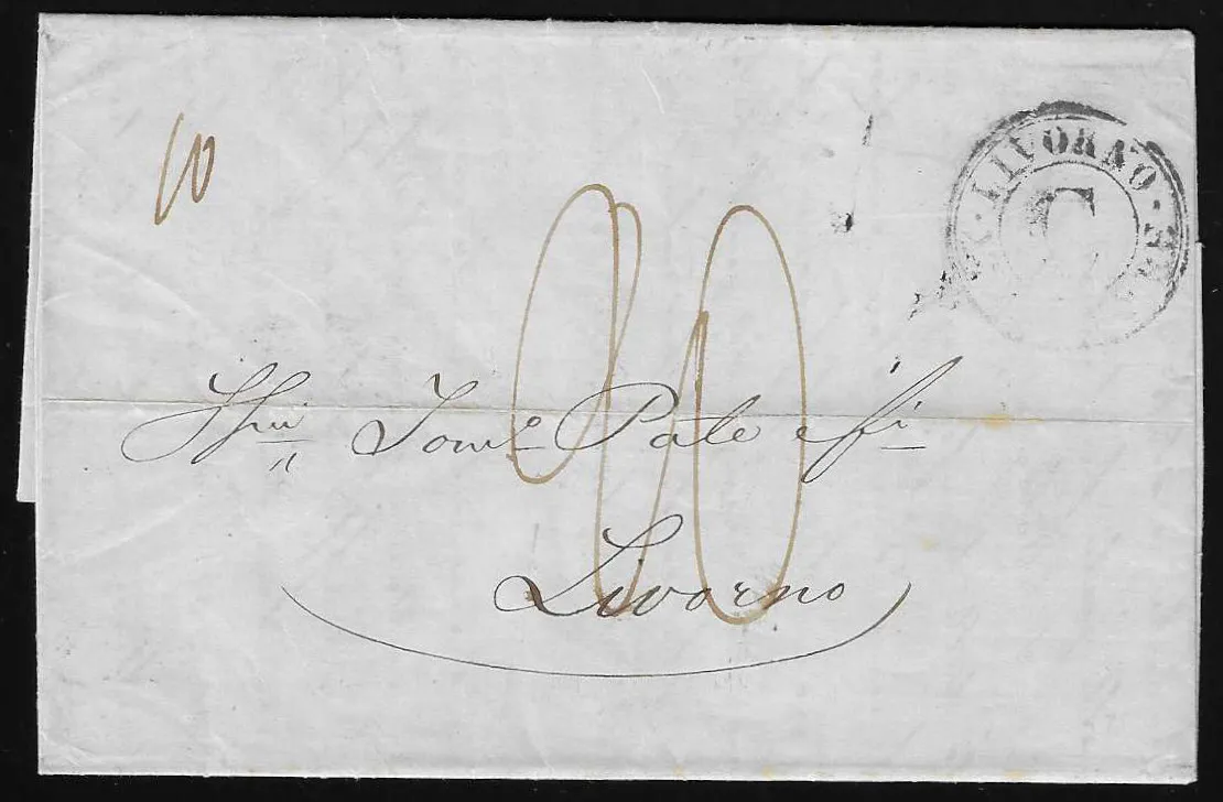 1845, lettre de Malte (au dos K2) vers Livourne (recto grand "C"-K2)