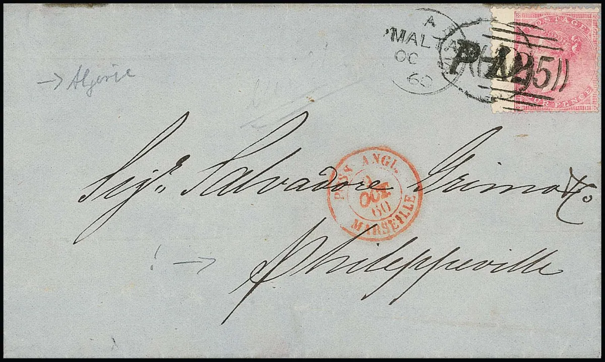 Précurseur Angleterre 4 P. rose-lilas, large marge, sur magnifique lettre de Malte (cachet duplex) pour Philippville/Algérie