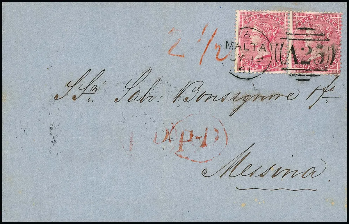 Vorläufer England 4 P. rosalila im Paar auf Prachtbrief mit Duplexstempel von Malta 1861 nach Messina