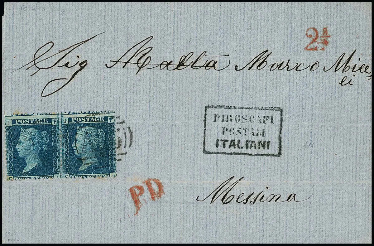 Poprzednik Anglia 2 P. niebieski w wspaniałej parze na liście z duplexem Malty 1861 do Messyny, Ra3 "Piroscafi Postali Italiani"