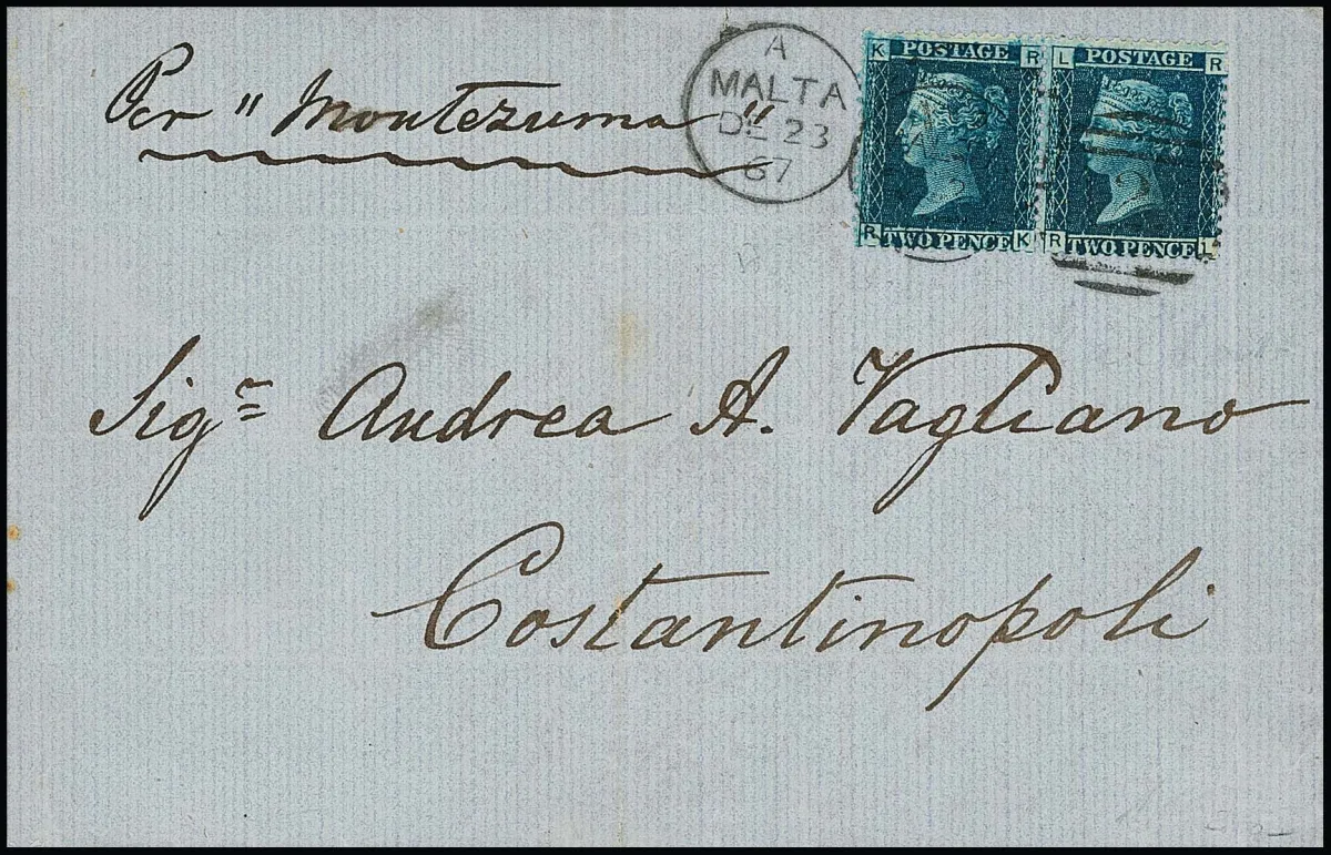 Precursor England 2 P. blue in pair on magnificent letter from Malta 1867 to Constantinople