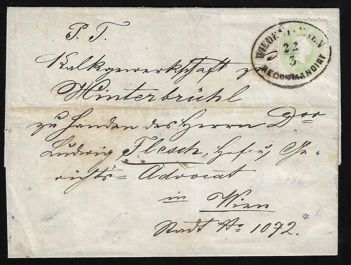 3 Kr. grün vorderseitig, typisch getrennte 5 Kr. rosa rückseitig, auf mittig gefaltetem Orts-R-Brief aus Wien (Ovalstempel "Wieden in Wien Recommandirt") 1863