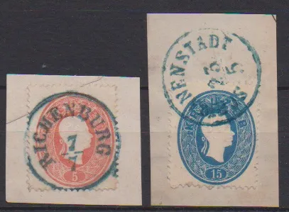 5 Kr. pink ("Richenberg") and 15 Kr. blue ("Schwanenstadt") each with clear blue K1