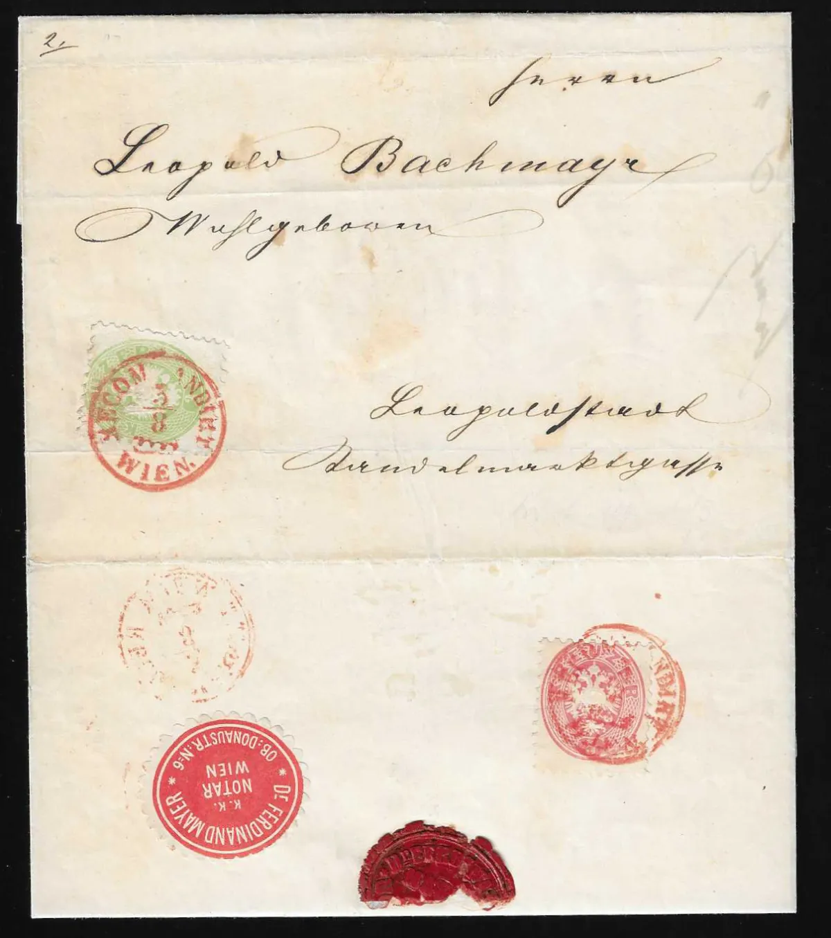 3 Kr. vert jaune et 5 Kr. rose affranchi au verso sur lettre recommandée locale avec K1 rouge "Recommandirt Wien 3/8" (1864)