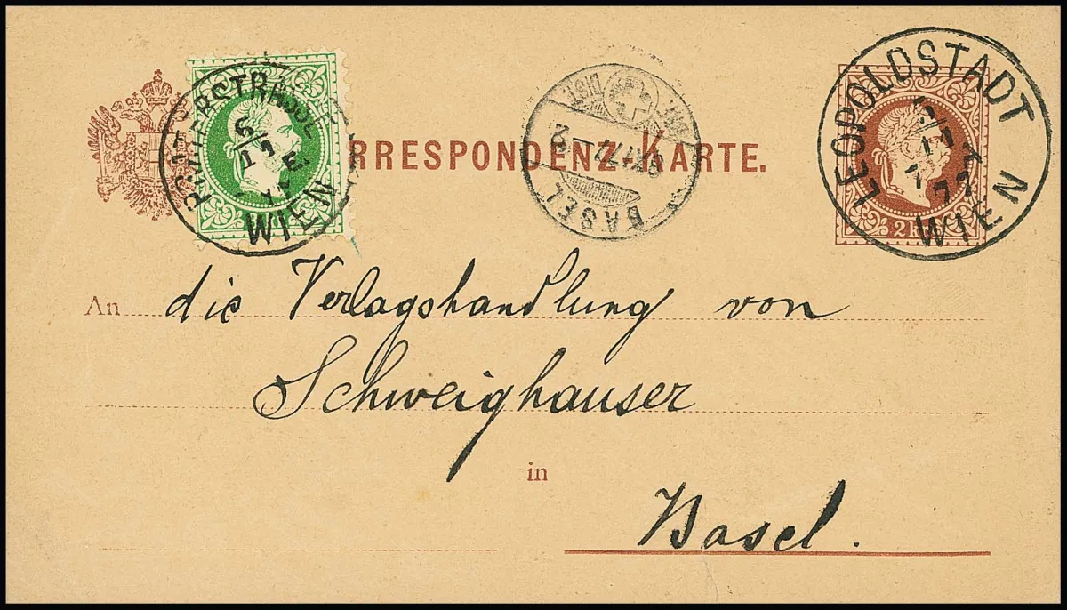 3 Kr. vert jaune comme affranchissement complémentaire sur carte entière 2 Kr. brun rouge de Vienne 1877 à Bâle, l'empreinte de valeur avec K1 "Leopoldstadt Wien" du 5.11., le timbre-poste avec K1 "Praterstrasse Wien" du 6.11.