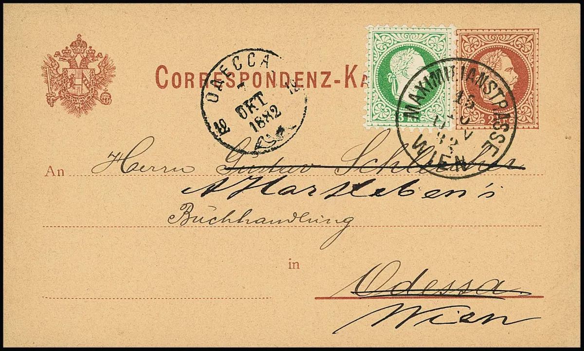 3 Kr. vert jaune, pièce de choix sur carte entière 2 Kr. brun rouge, avec K1 "Wien Maximilianstrasse" 1882 comme carte imprimée pour Odessa/Russie et de là retour à Vienne