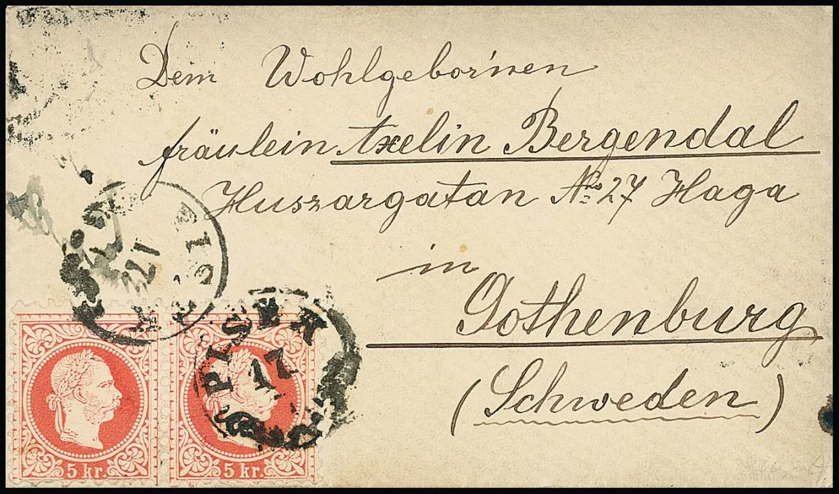 5 Kr. rouge en paire (timbre gauche deux dents courtes) sur enveloppe de dame 1876 avec K1 orné "Pisek" vers Gothenburg/Suède