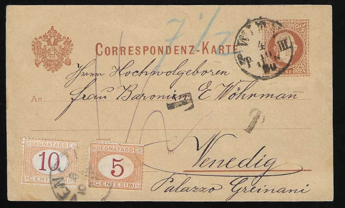 Carte entière 2 Kr. François-Joseph de Vienne 1880 vers Venise avec affranchissement complémentaire de timbres-taxe italiens de 5 (pet. déf.) et 10 C., comme carte imprimée avec texte, donc non reconnue